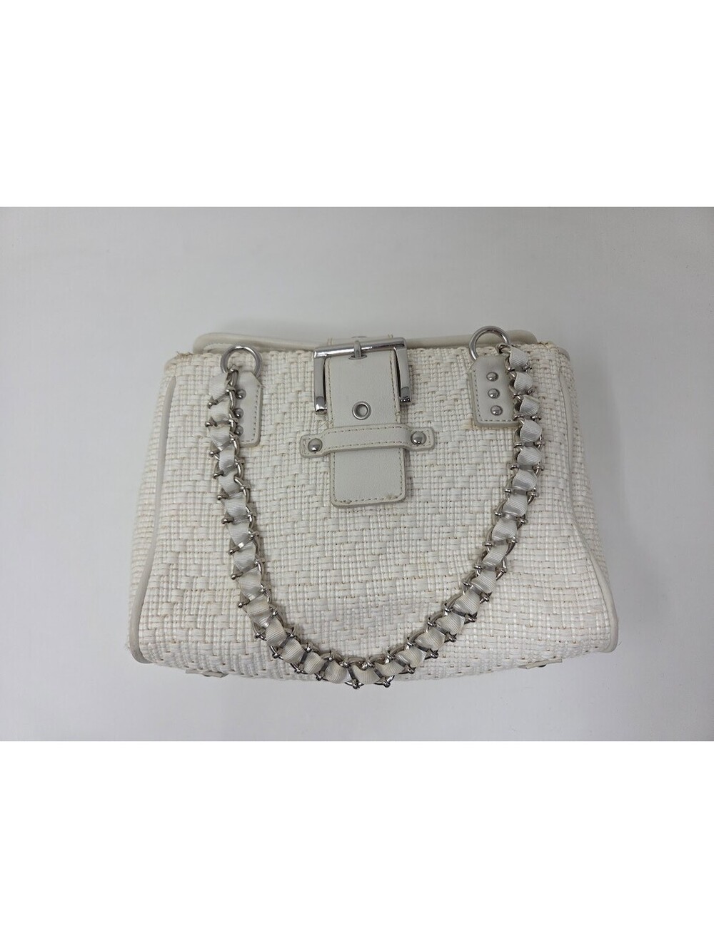 Anne Taylor White Woven Handbag Silver Chain Strap Buckle Accent Purse